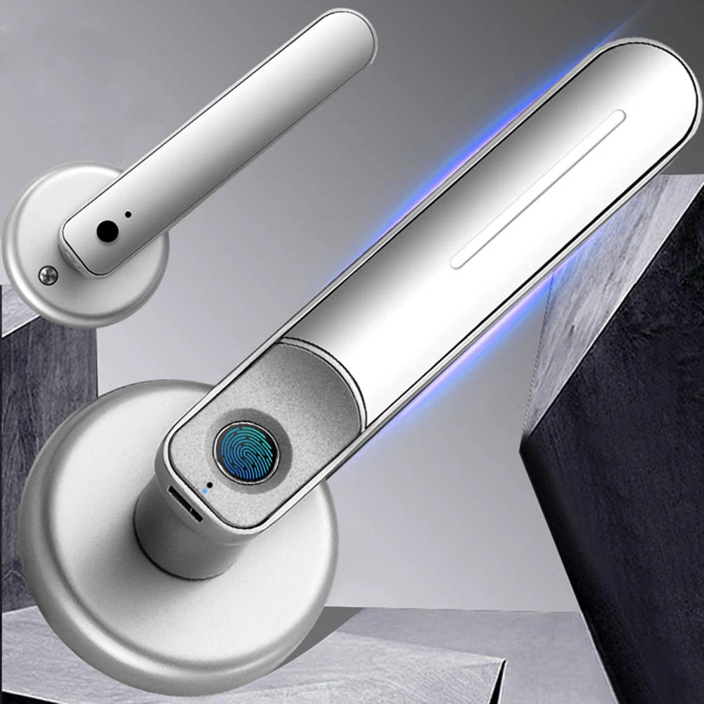 Silver metal smart door handle with a built-in circular fingerprint scanner and blue accent lighting.