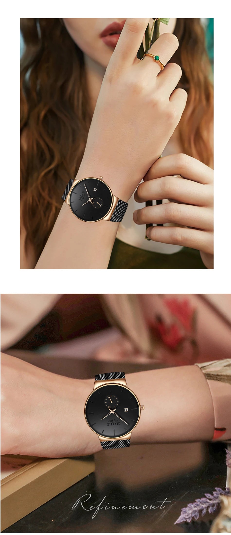 Elegant women's quartz watch featuring a slim rose gold case, black dial, and a comfortable black mesh strap.