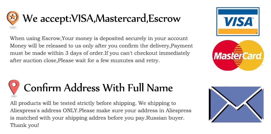 Informational graphic explaining payment and shipping policies with card logos and a mail icon.