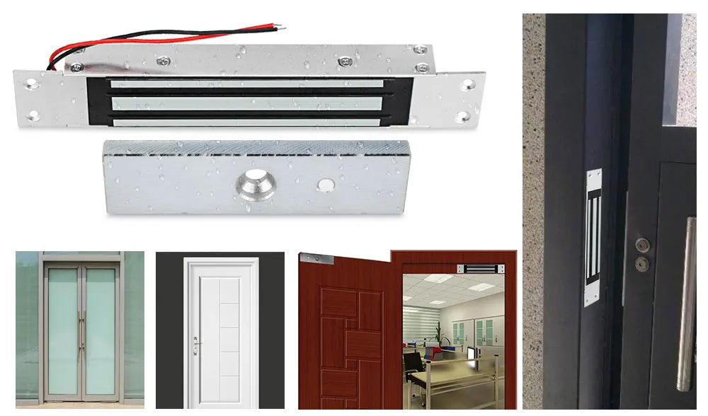 Silver electromagnetic door lock with wiring, mounting bracket, and armature plate for various door types.