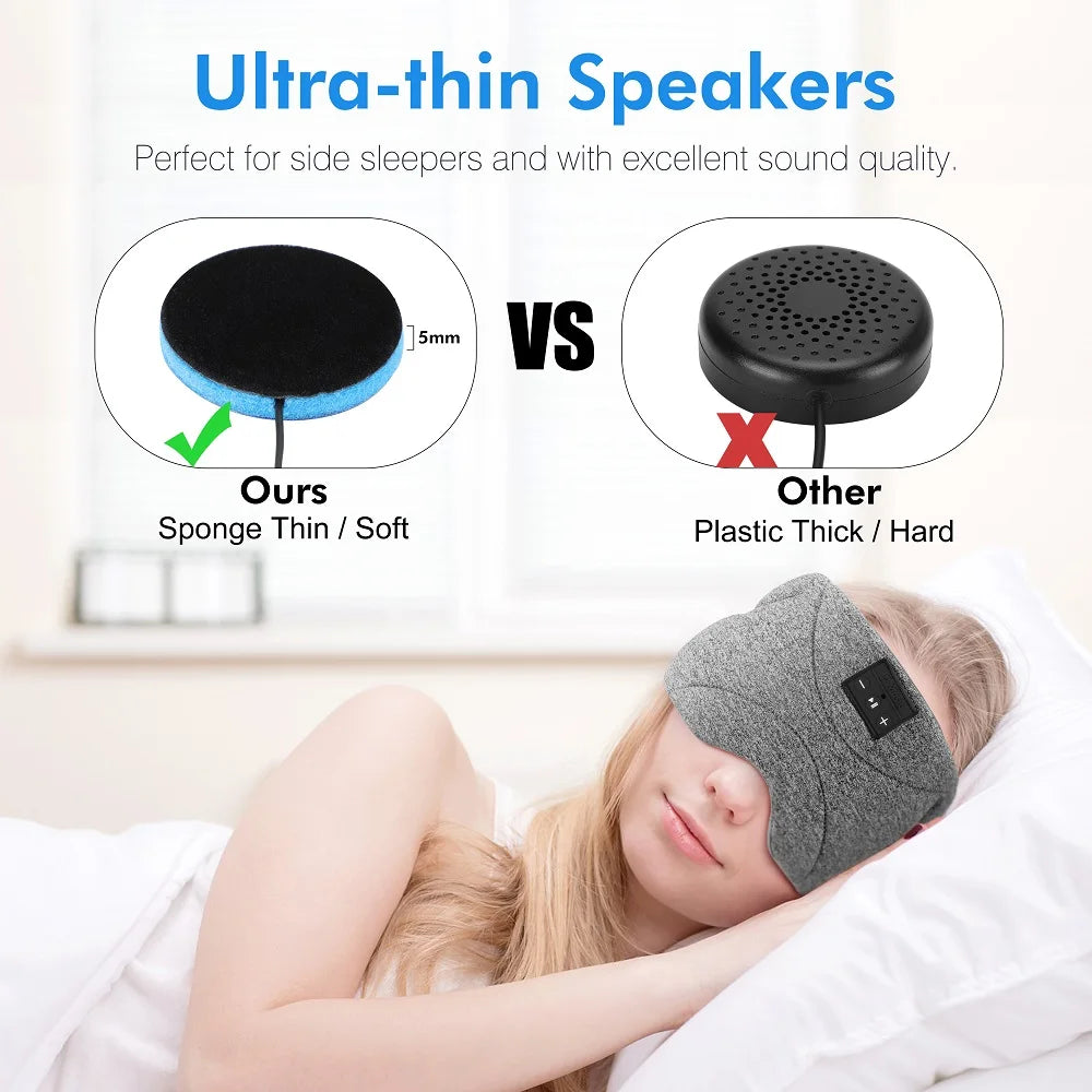 Grey Bluetooth sleep eye mask with ultra-thin, soft speakers for side sleepers, shown being worn in bed.