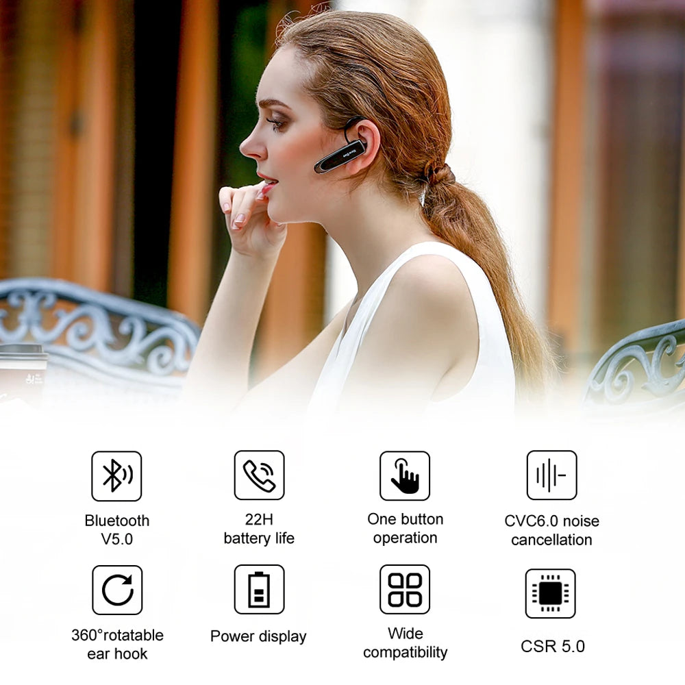 Woman wearing a sleek, black wireless Bluetooth headset with a rotatable ear hook and long-lasting battery life.