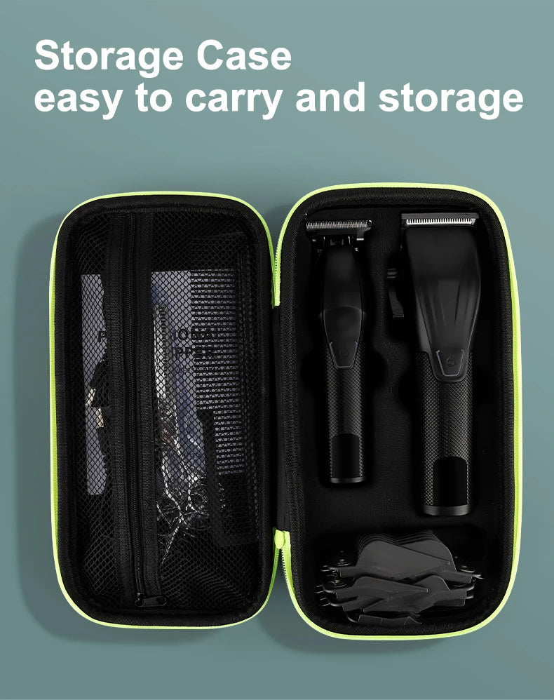 Two black electric hair trimmers and accessories in a black zip-up storage case with neon yellow trim.