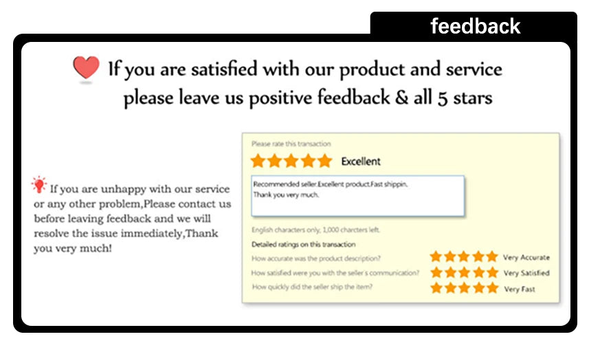 Feedback card showing instructions on leaving 5-star ratings and how to contact the seller for support.