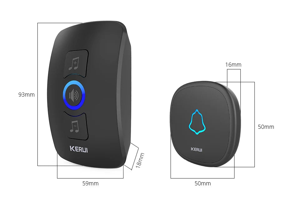 Black plastic wireless doorbell receiver with volume controls and a separate circular push-button transmitter.