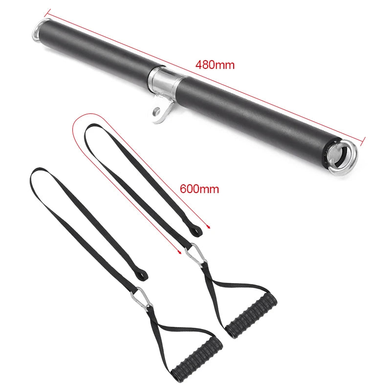 A black exercise bar, 480mm long, and two black resistance straps with 600mm lengths and ribbed handles.