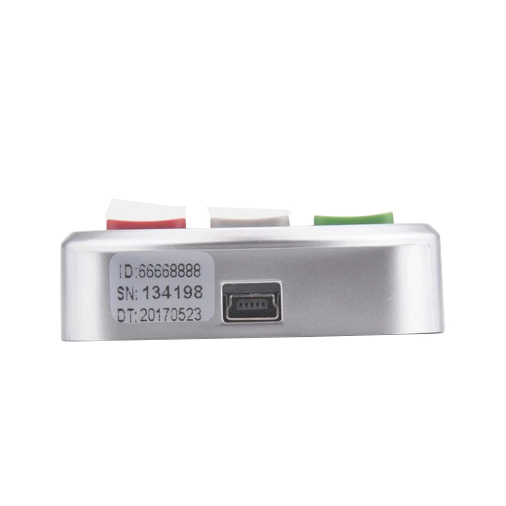 Silver plastic control box with three buttons (red, grey, green) and a mini-USB port on the side.