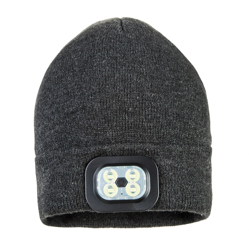 Dark grey knitted winter beanie featuring a rechargeable LED light unit with a central power button on the front.