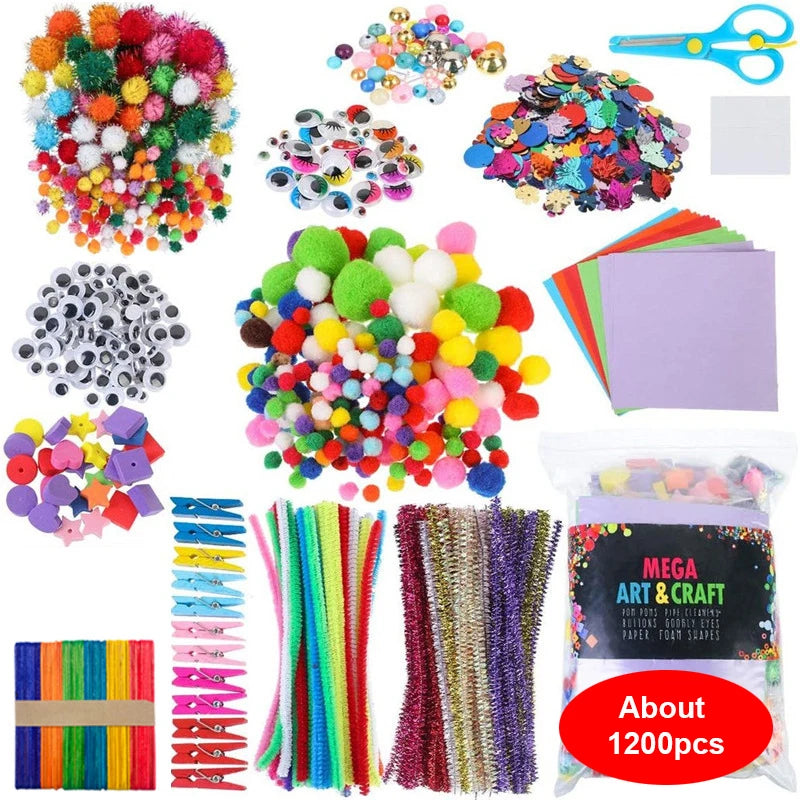 1200-piece children's arts and crafts supply kit featuring colourful pom-poms, pipe cleaners, googly eyes, and paper.