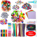 1200-piece children's arts and crafts supply kit featuring colourful pom-poms, pipe cleaners, googly eyes, and paper.