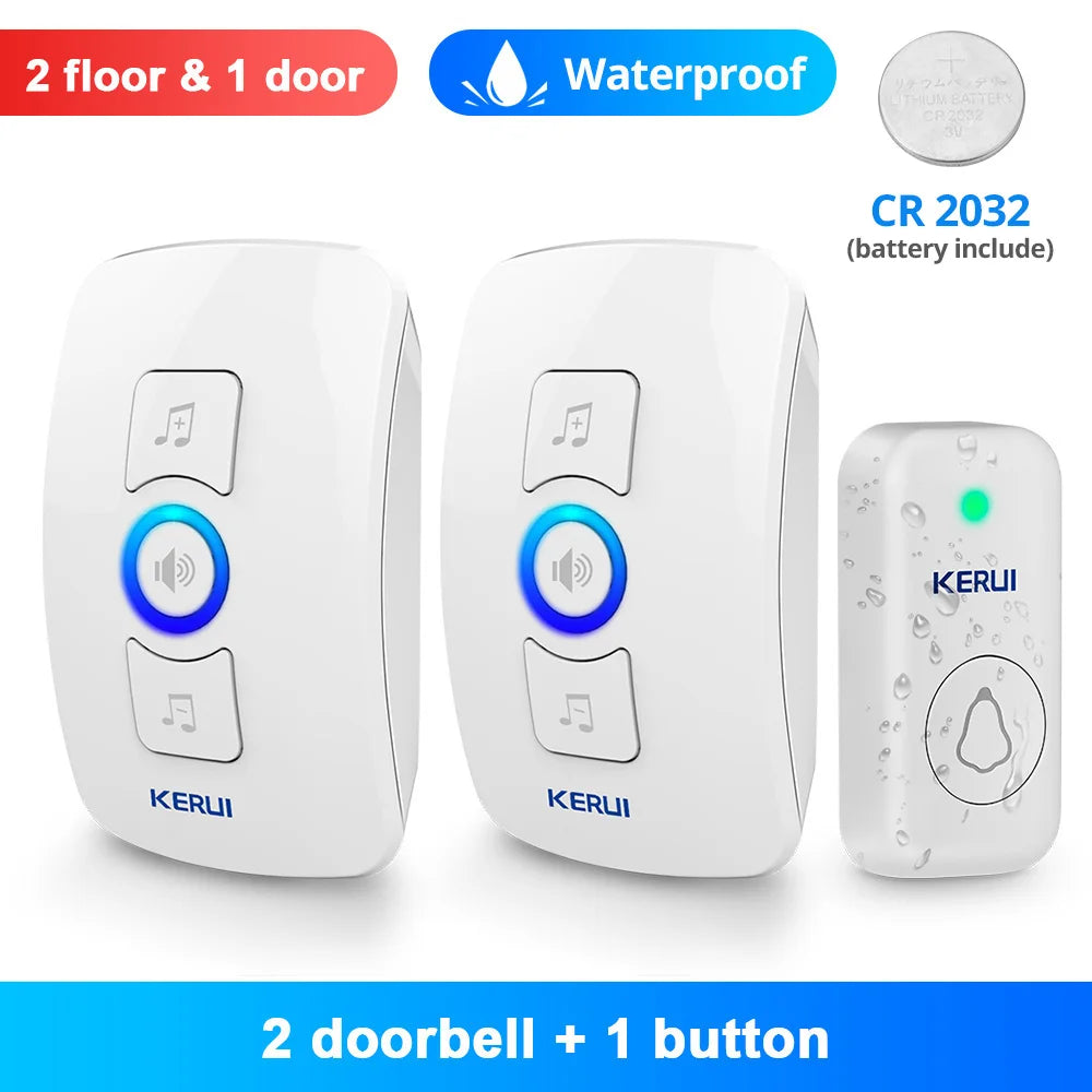 Two white plastic waterproof doorbells with music controls and one remote button, including a CR2032 battery.