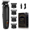 Black cordless hair trimmer with T-blade, four attachment combs, USB charging cable, and presentation box.