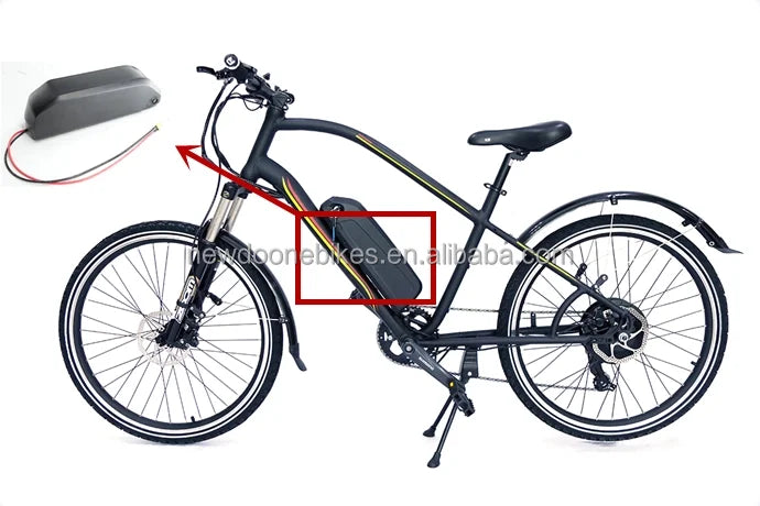 Matte black electric mountain bike with frame-mounted battery and red and yellow detailing on a white background.