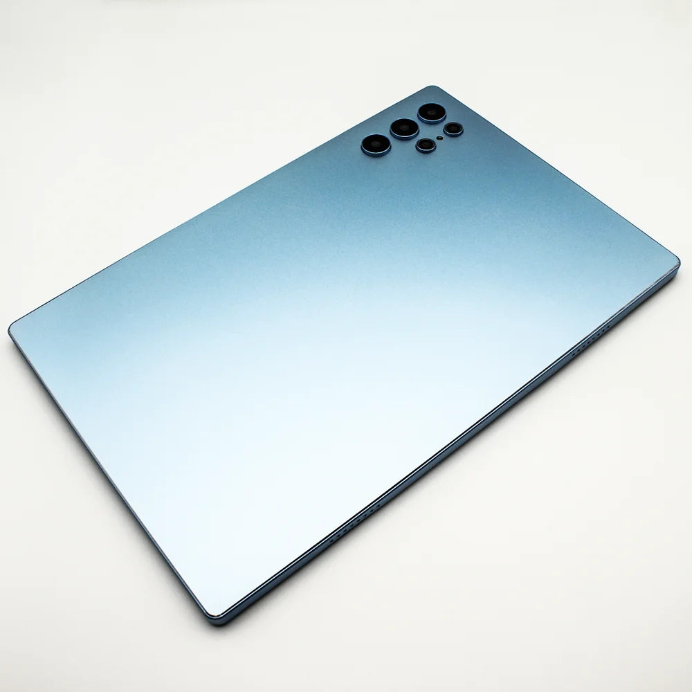 A slim, light blue 10-inch Android tablet viewed from the rear, featuring a multi-lens camera array.