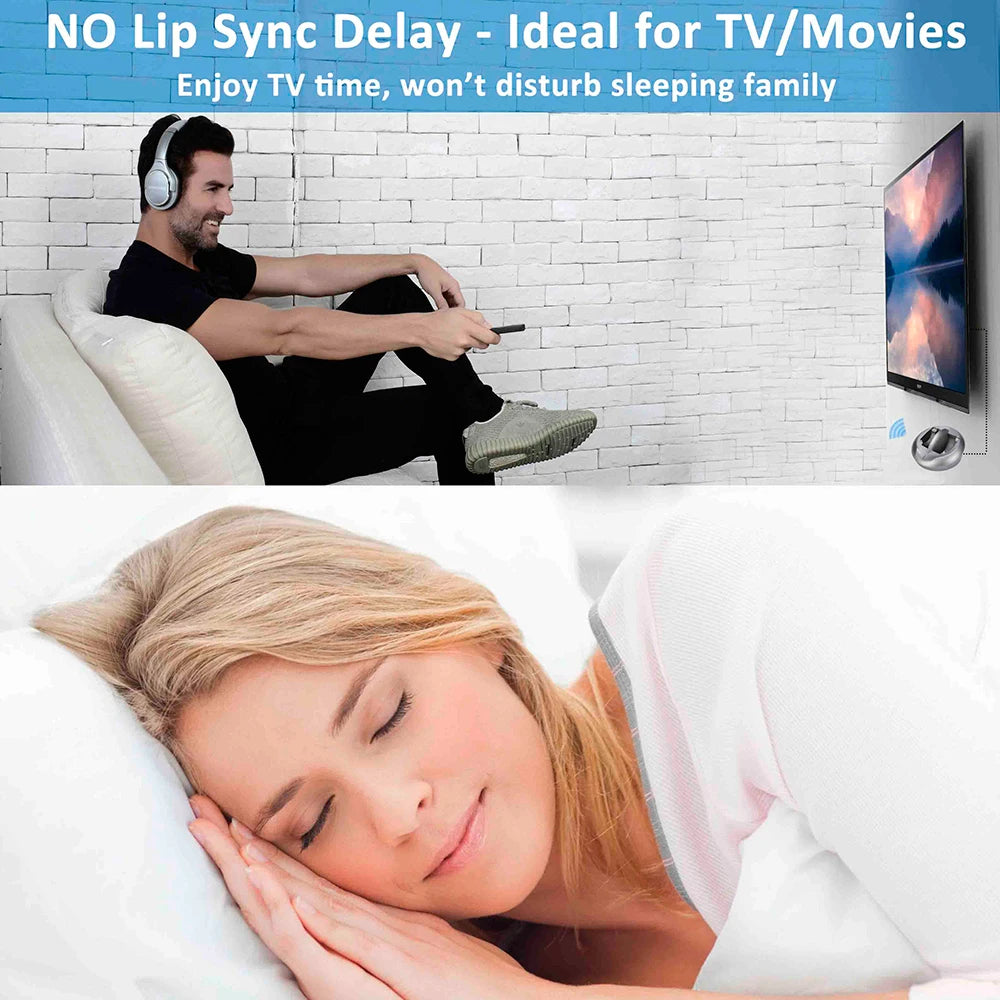 Man wearing silver wireless over-ear headphones, using a TV transmitter while a woman sleeps soundly nearby.