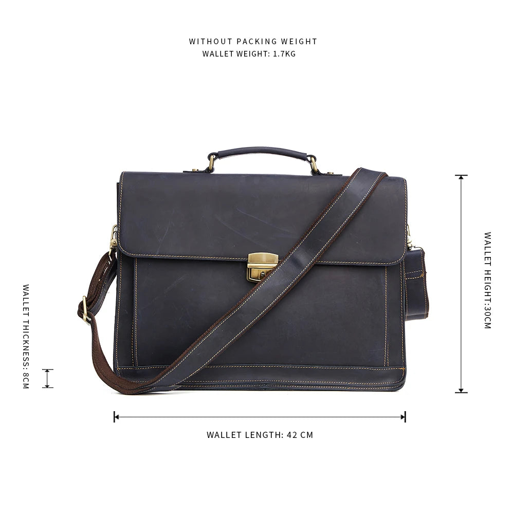 Modern charcoal grey genuine leather laptop briefcase with a top handle, adjustable shoulder strap and brass clasp.