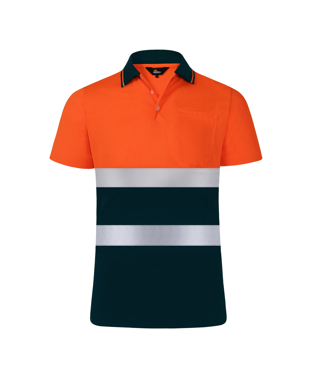 Orange and dark green short-sleeved safety polo shirt with reflective stripes and chest pocket.