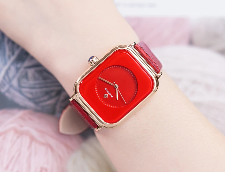 Ladies' square fashion watch with a vibrant red dial, gold-tone case, and matching red crocodile-effect leather strap.