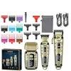 Gold cordless hair clipper set with trimmer, shaver, charging cables, cleaning brush, and various coloured guide combs.