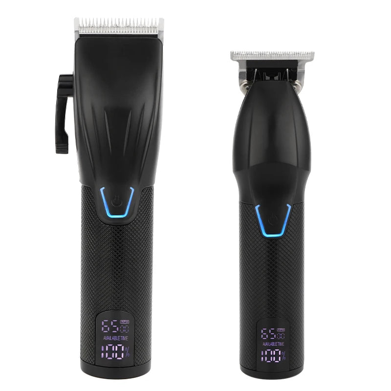 Two black rechargeable electric hair trimmers with textured grips, LED battery displays, and blue power indicators.