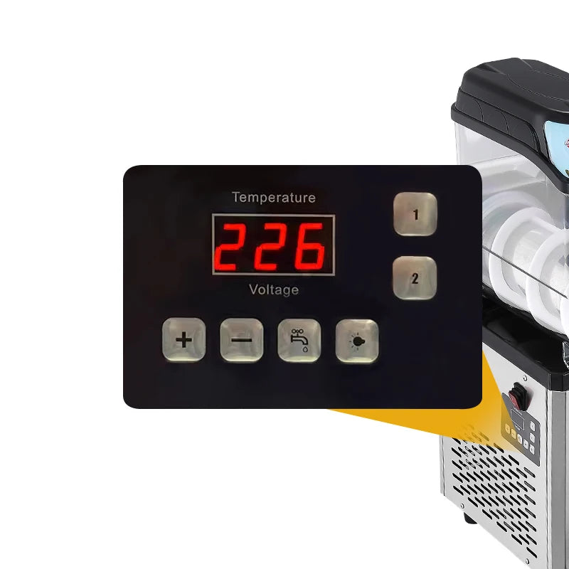 Digital control panel of a professional slush machine featuring temperature and voltage display with adjustment buttons.