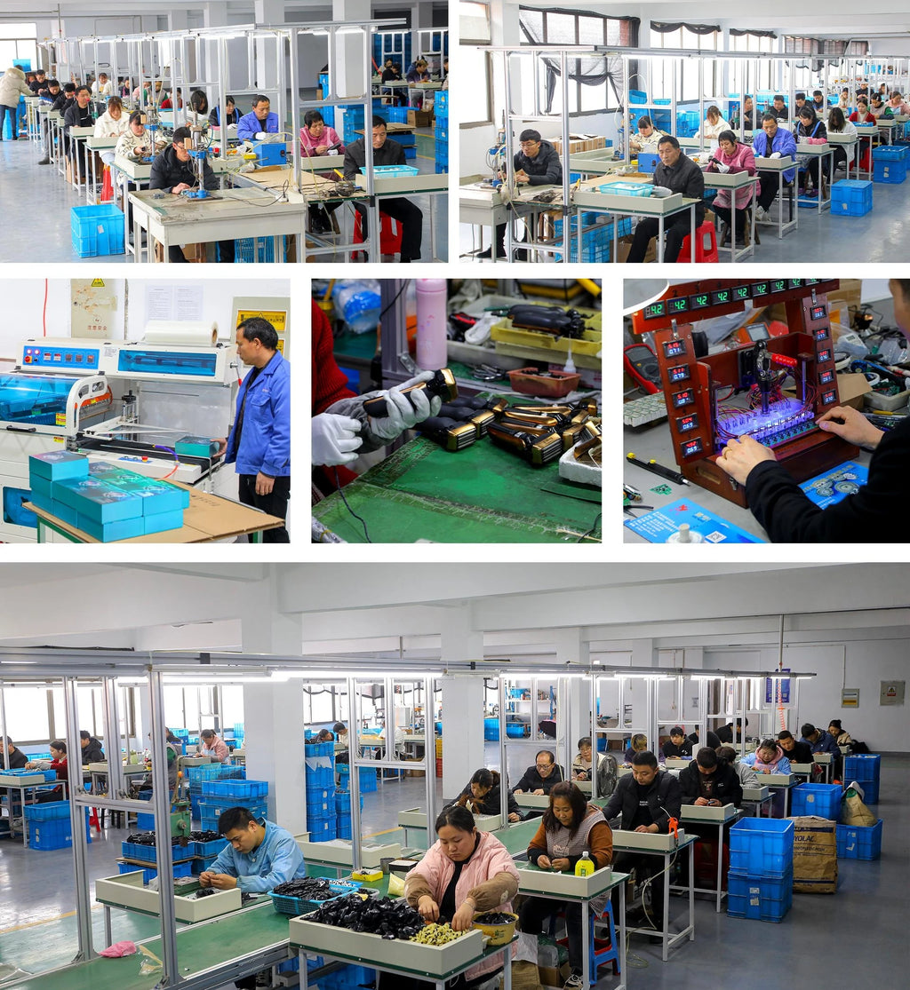 Professional black and gold electric hair trimmer being assembled and quality-tested in a factory setting.