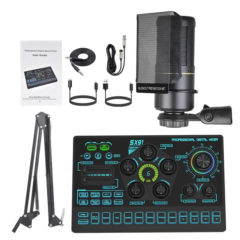 Portable black podcast studio kit with audio mixer, microphone, pop filter, adjustable boom arm and connection cables.