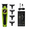 Neon green electric hair trimmer with LED display, four attachment combs, cleaning brush, oil, cable, and manual.
