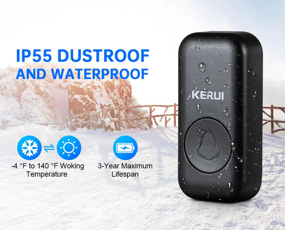 Black plastic Kerui doorbell transmitter, IP55 waterproof, rated for extreme temperatures, with 3-year battery life.