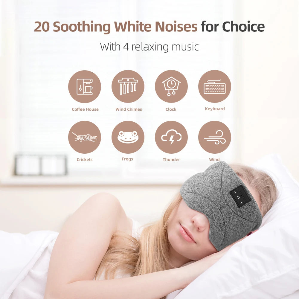 Grey Bluetooth sleep mask with integrated headphones, shown on a person, featuring icons for 20 soothing white noises.