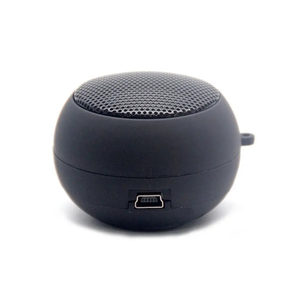 Small, spherical black wireless speaker with a mesh grille top and a mini-USB charging port on the side.