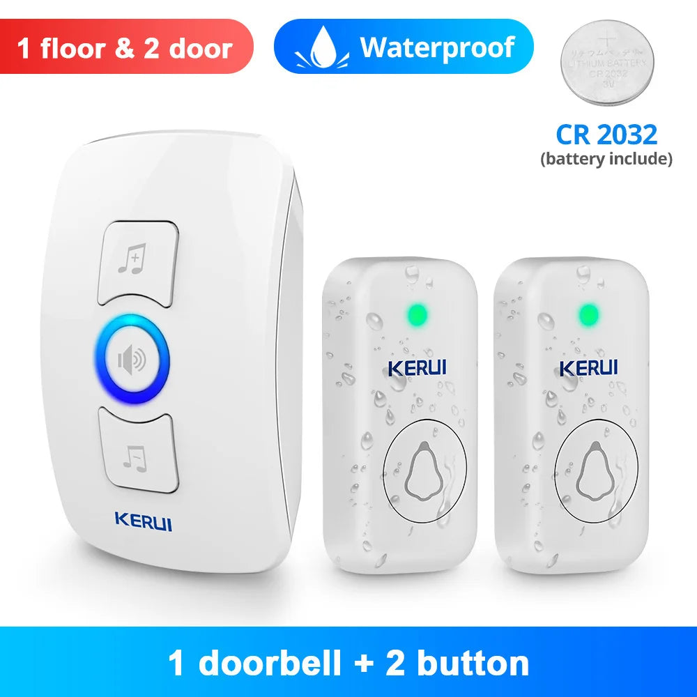 White plastic wireless doorbell system with one chime unit, two waterproof buttons, and a CR 2032 battery.