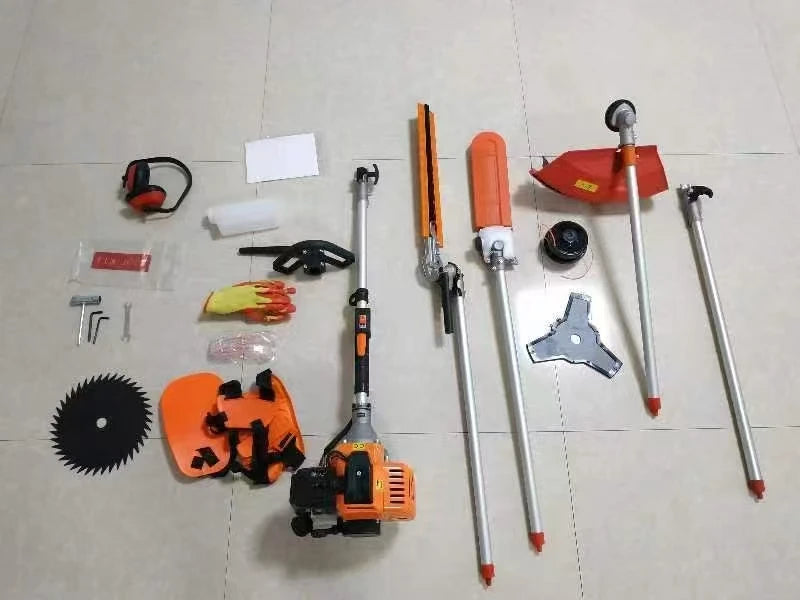 5-in-1 orange and grey petrol multi-tool kit, including attachments, blades, harness, and safety gear.