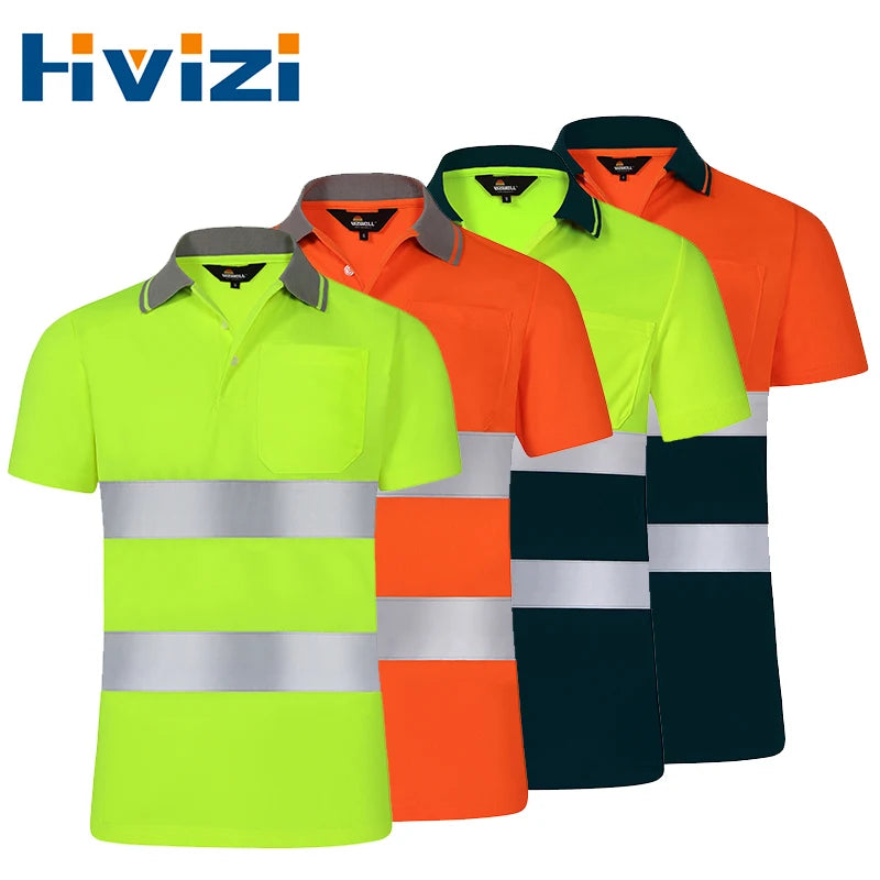 Four short-sleeved safety polo shirts with reflective stripes, left chest pocket, collar, in green, orange, black.