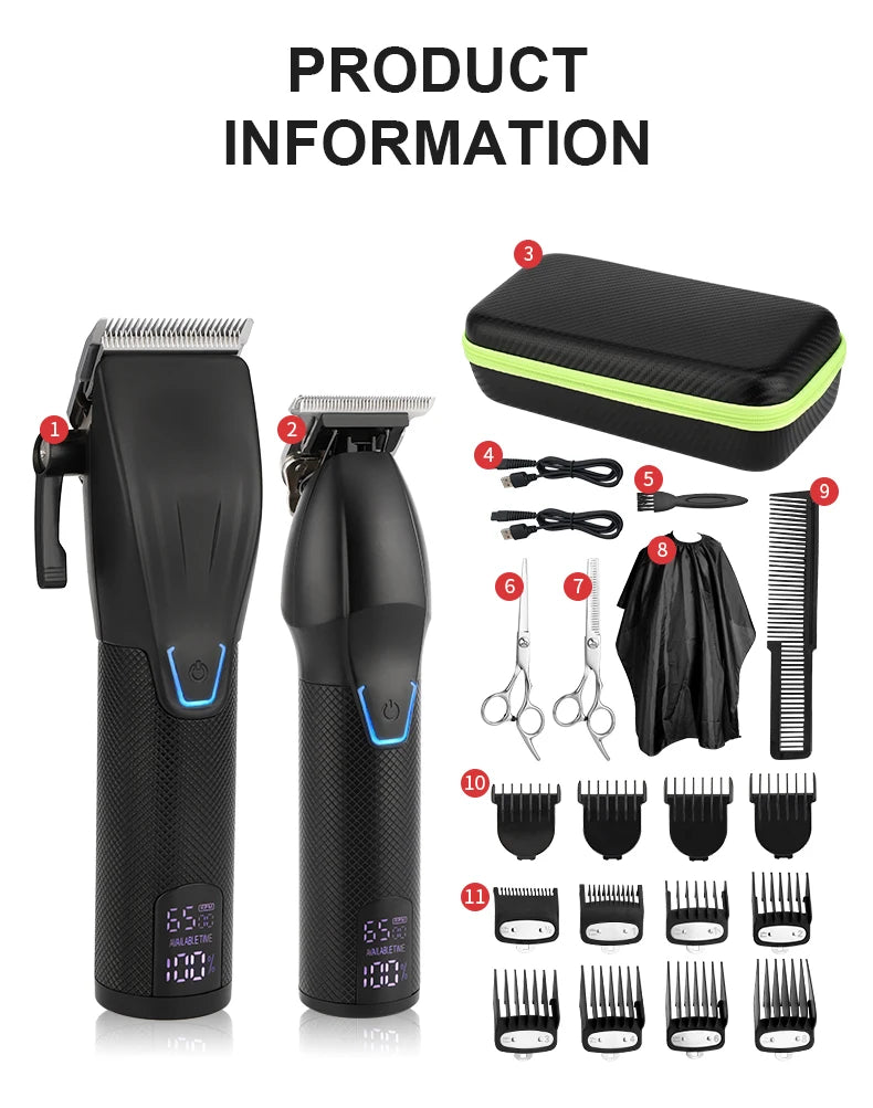 Rechargeable hair trimmer set featuring two matte black cordless trimmers with LED battery displays and accessories.