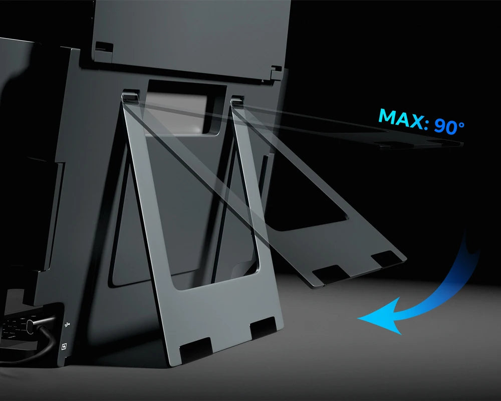 Dark grey portable monitor extender showing a sturdy, adjustable kickstand that tilts up to 90 degrees.