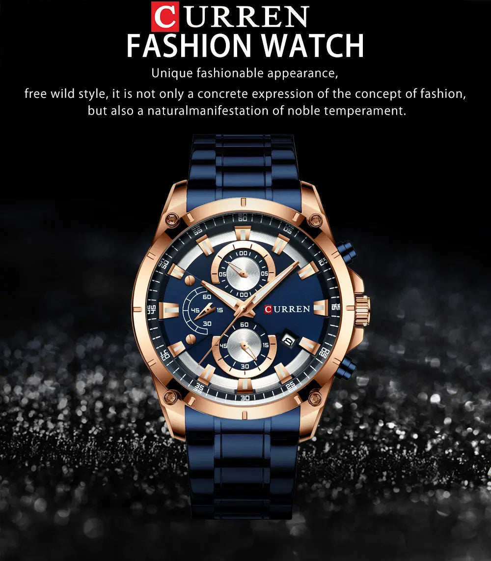 Men’s luxury business watch in blue and rose gold stainless steel with a round dial, chronograph, and date display.