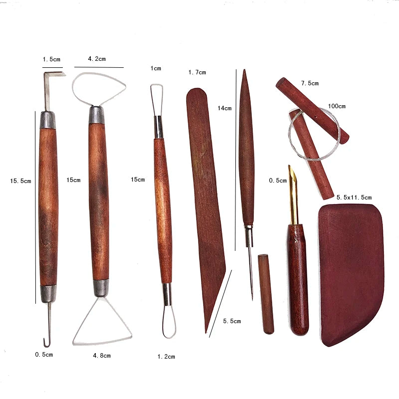 Set of eight wooden and metal pottery and clay sculpting tools with measurement labels, white background.