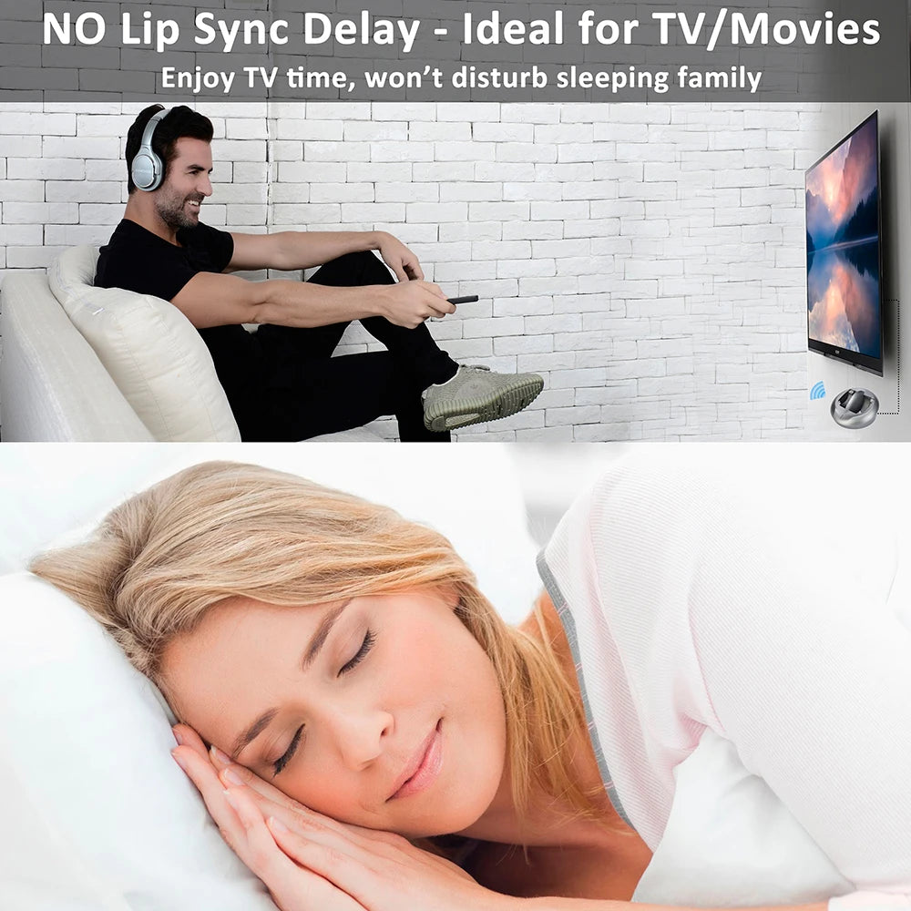 Man wearing silver wireless over-ear headphones watching TV while a woman sleeps peacefully nearby.