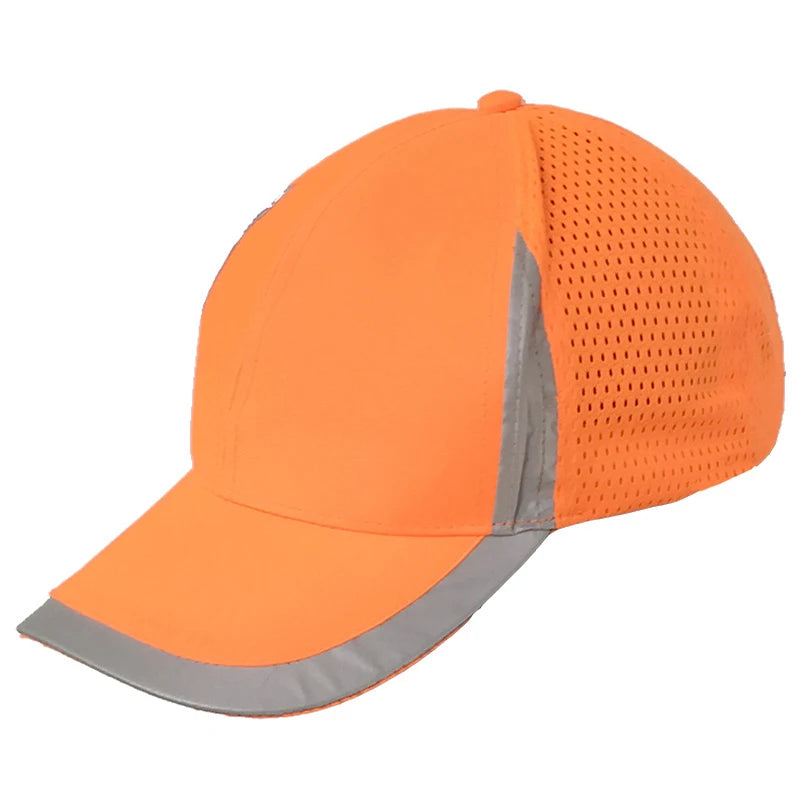 Bright orange high-visibility baseball cap with side mesh panels and reflective silver trim on the peak and sides.