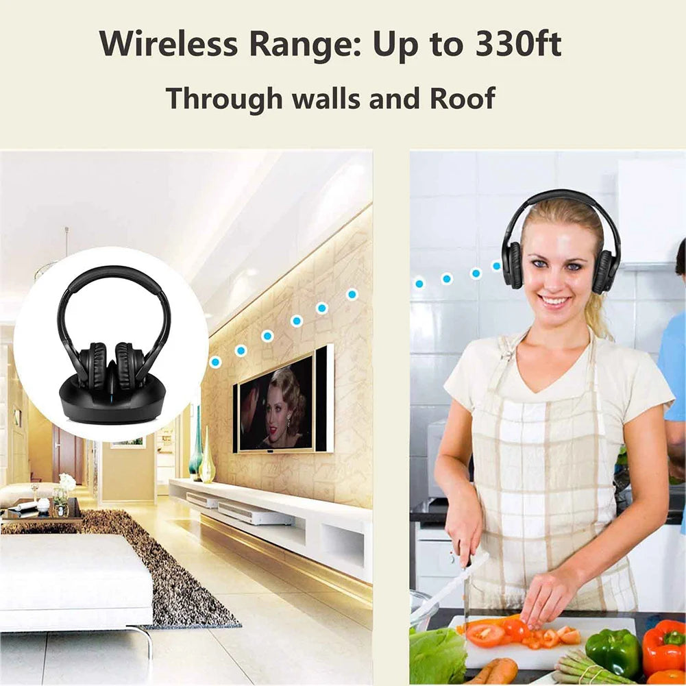 Black wireless over-ear TV headphones on a charging dock, with a person wearing them while cooking in a kitchen.