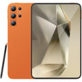Sleek orange 10-inch Android tablet featuring a triple-lens rear camera system and a matching stylus pen.