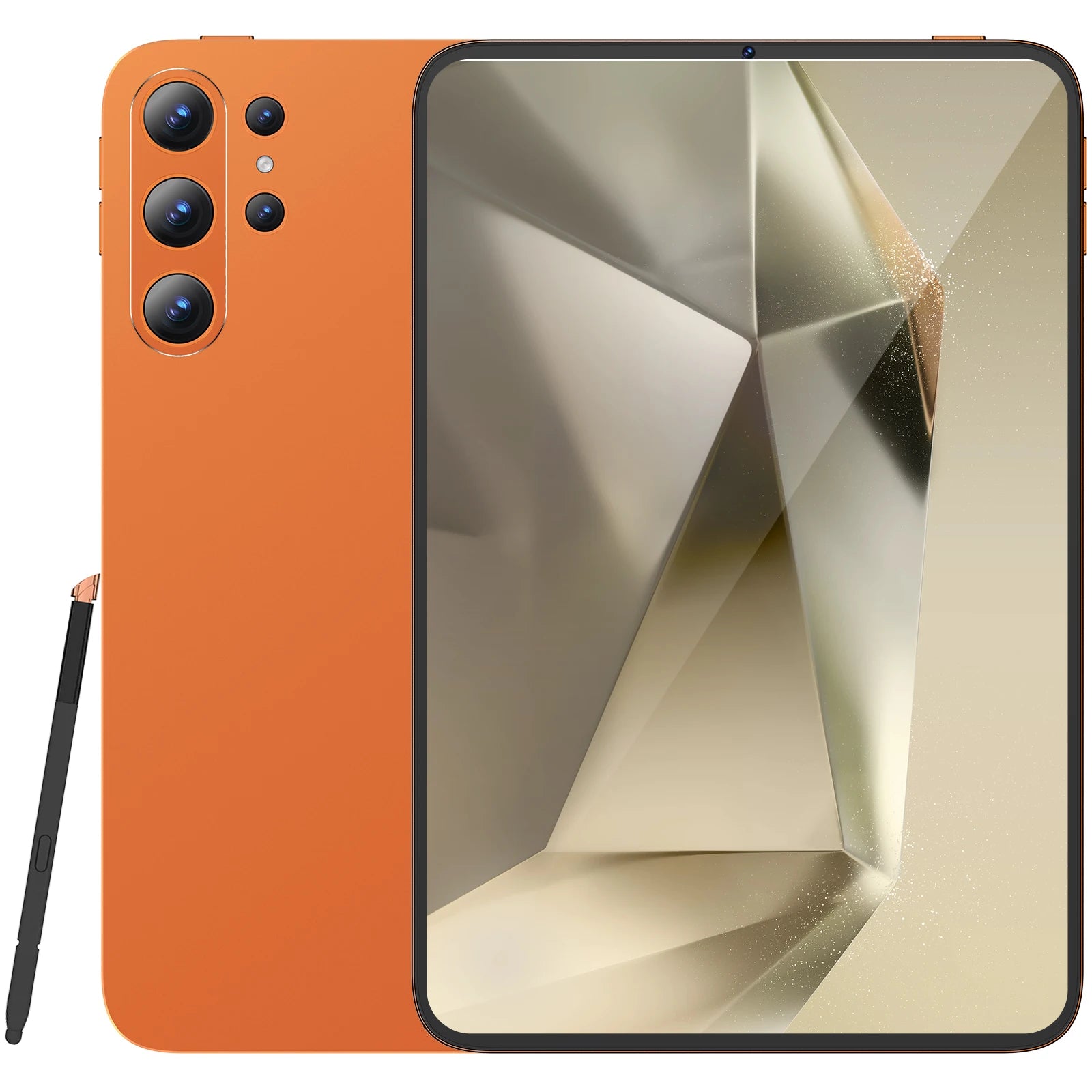 Sleek orange 10-inch Android tablet featuring a triple-lens rear camera system and a matching stylus pen.