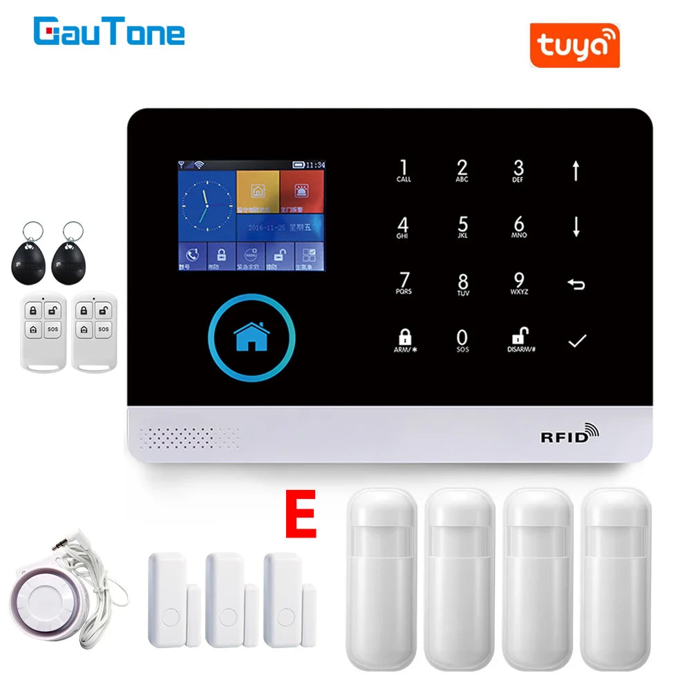 Wireless home alarm system with black and white touchscreen panel, RFID key fobs, remote controls, and motion sensors.