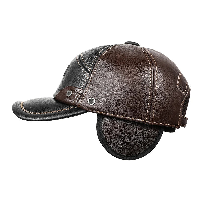 Men’s brown and black leather baseball cap with stitched detailing and fold-down ear flaps.