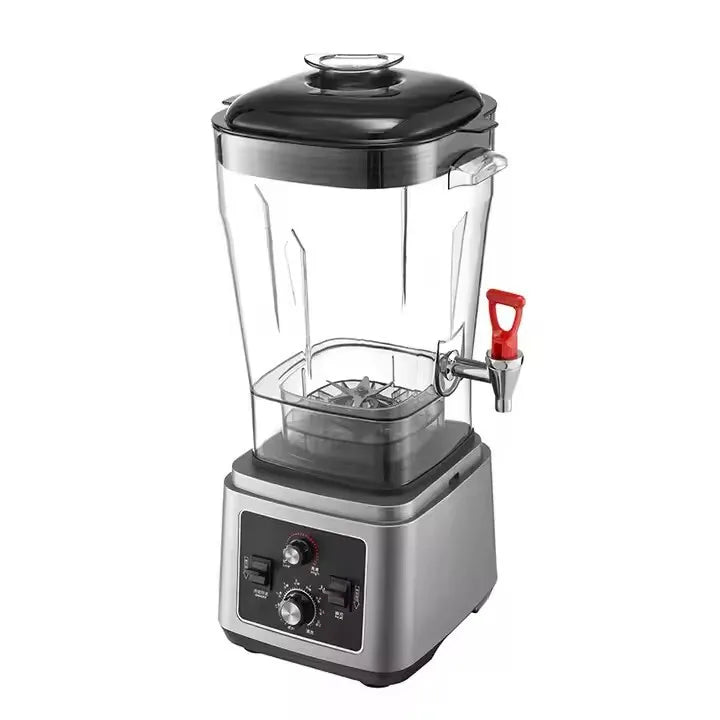 Silver electric blender with a clear pitcher, black lid, and red-handled pour spout on a white background.