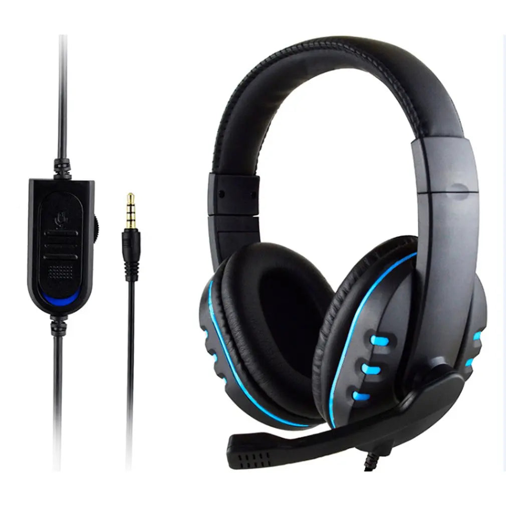 Black wired gaming headset with blue LED accents, microphone, padded ear cups and an inline volume control unit.