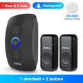 Black waterproof wireless doorbell set with one receiver and two buttons, including a CR2032 battery.