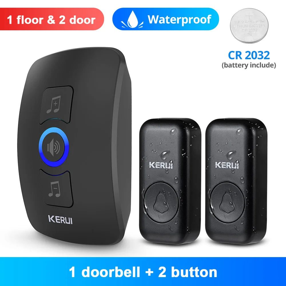 Black waterproof wireless doorbell set with one receiver and two buttons, including a CR2032 battery.