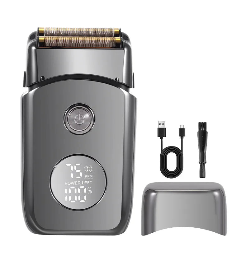 Grey electric foil shaver with digital display, power button, protective cap, USB charging cable, and cleaning brush.